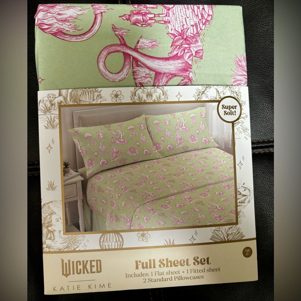Wicked Katie Kime Green & Pink FULL 4 Piece Sheet Set Girls Linens Bed Sheets